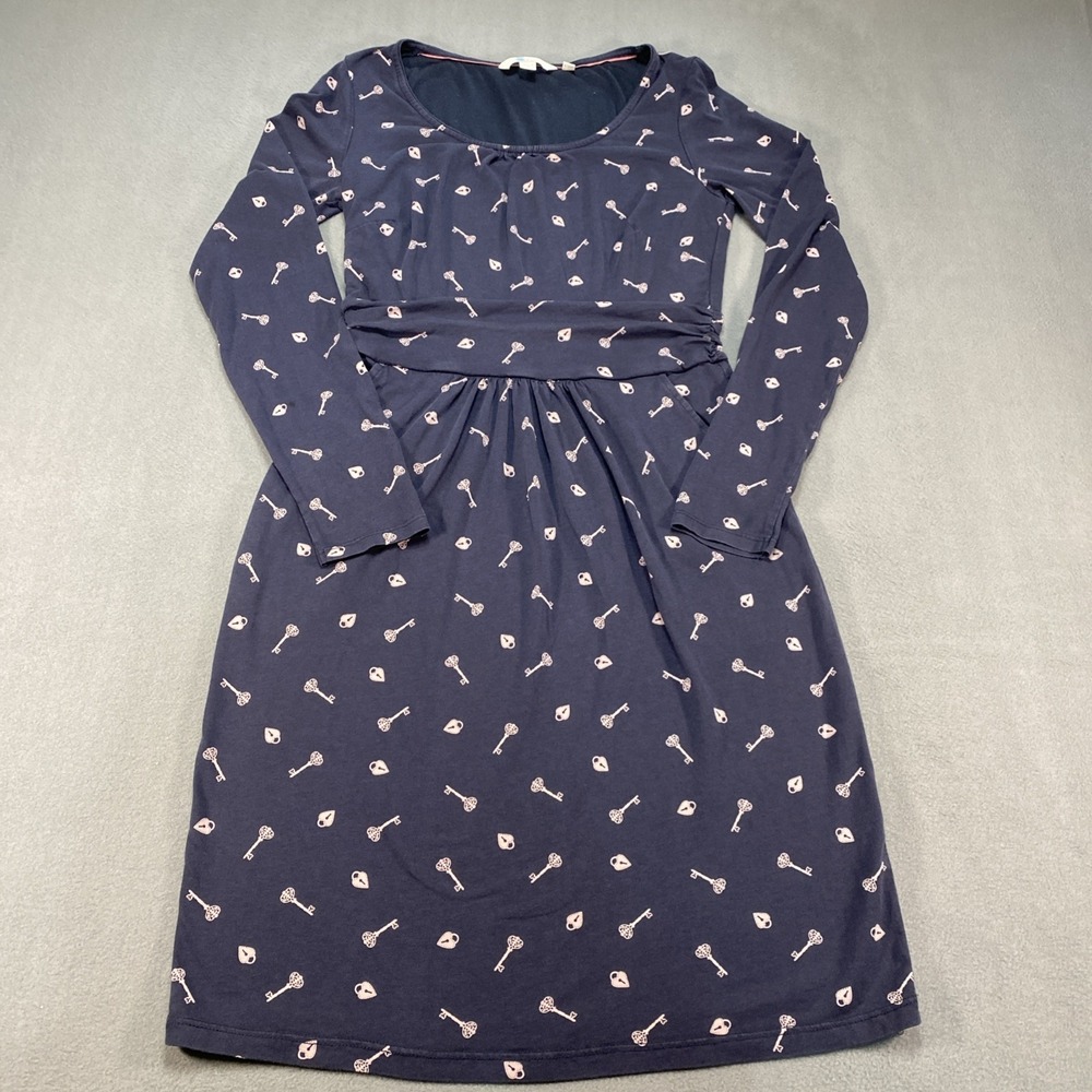 Boden Mabel Key & Lock Printed Ruched Waist Jersey Knee Length Navy Dress 4R‎
